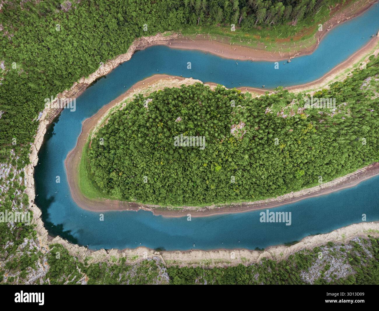 Aus der Vogelperspektive zeigt einen natürlichen Fluss, der sich durch einen dichten Wald schlängelt und von trockenen Ufern umgeben ist Stockfoto