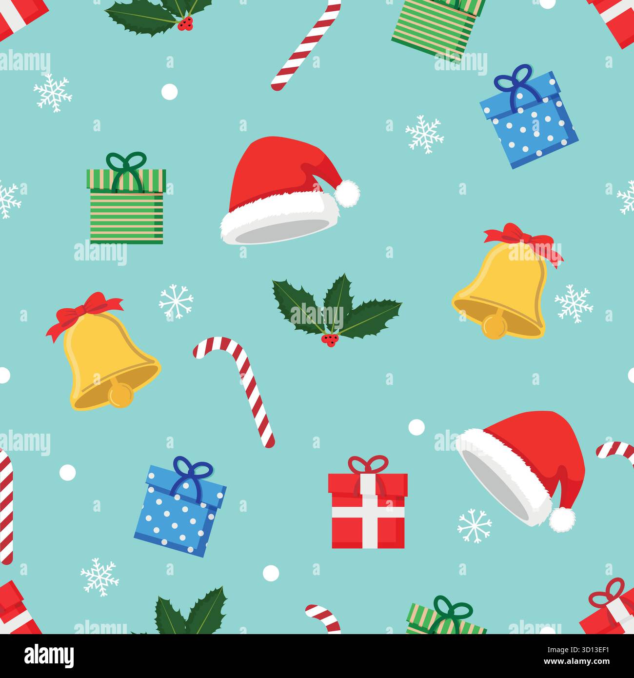 Festliches nahtloses Muster mit Weihnachtsmotiven, Weihnachtsmütze, Zuckerrohr stechpalme und Geschenken auf einem sich wiederholenden Hintergrund Stock Vektor