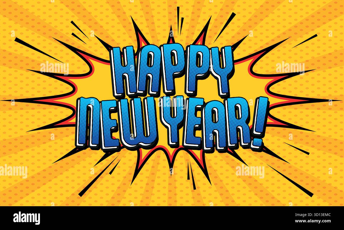 Happy New Year im Retro-Comic-Stil mit Halbton und Explosionseffekt Stock Vektor