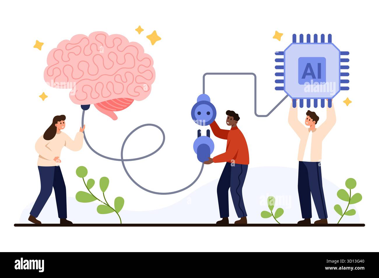 Menschen, die ein menschliches Gehirn mit einem KI-Mikrochip verbinden, symbolisieren künstliche Intelligenz, maschinelles Lernen und technologische Zusammenarbeit, isoliert auf weißem Hintergrund Vektorillustration Stock Vektor