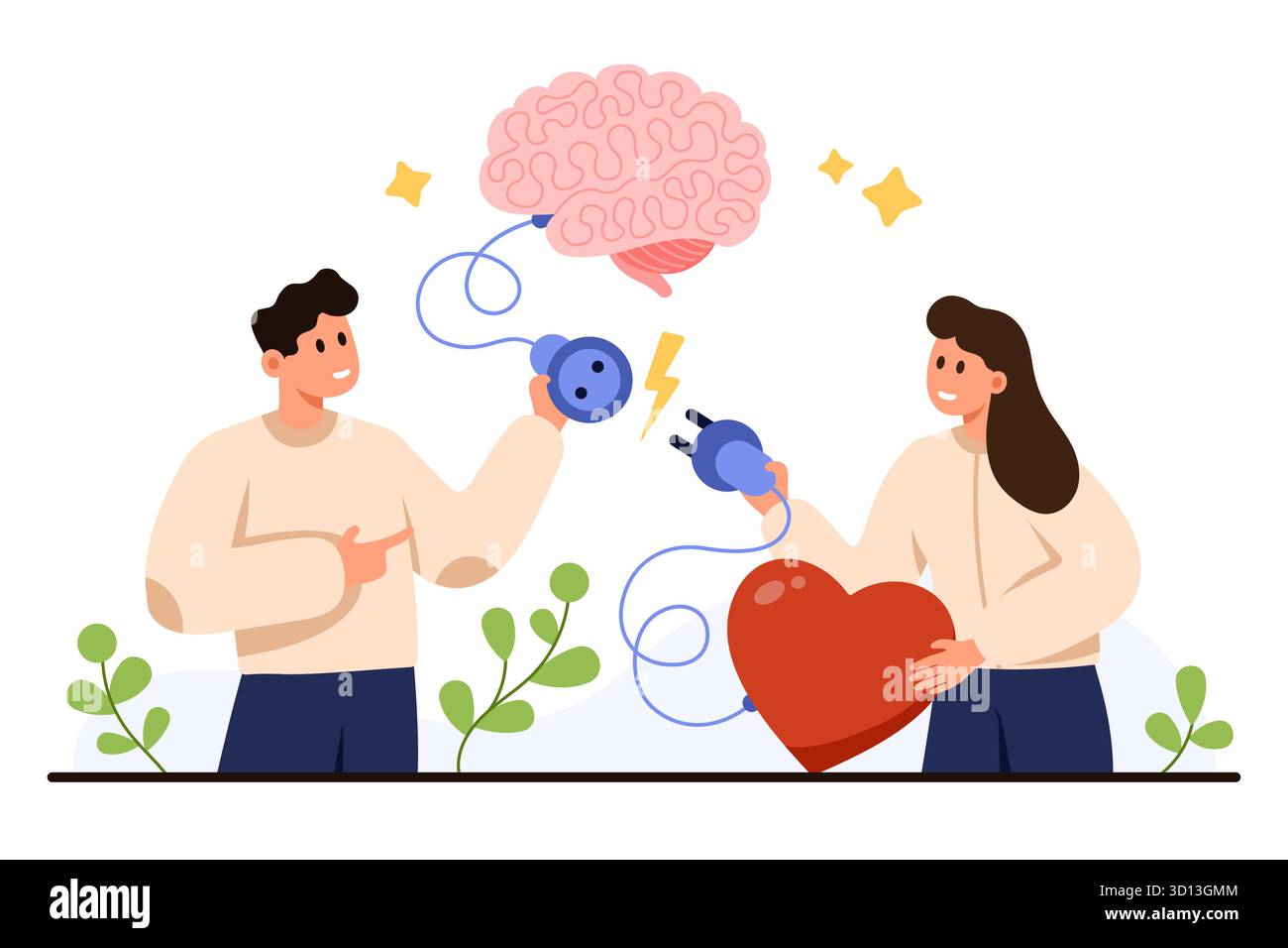 Zwei Menschen verbinden Gehirn und Herz mit Steckern und symbolisieren emotionale Intelligenz, Selbstbewusstsein und Empathie in der persönlichen Entwicklung, isoliert auf weißem Hintergrund Vektorillustration Stock Vektor