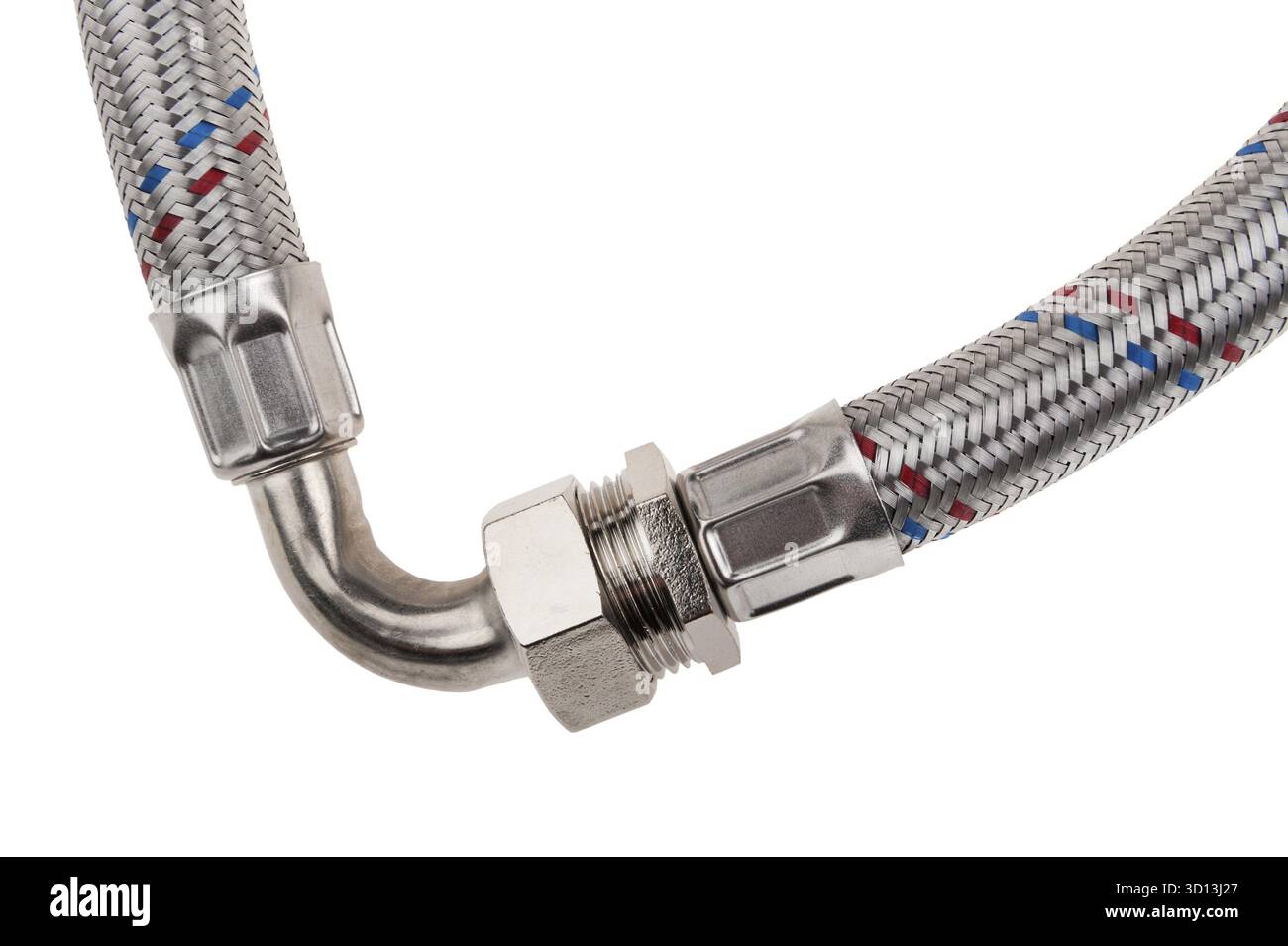 Flexibler, geflochtener Metallschlauch, isoliert auf weißem Hintergrund Stockfoto
