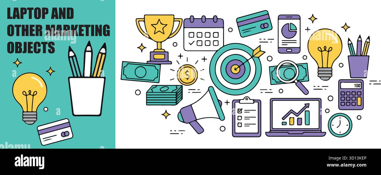 Business- und Marketing-Modellstruktur Objektgruppe festgelegt. Symbole Für Laptop, Megaphone, Bleistift, Kalender, Glühbirnen. Finanz- und Strategiekonzept. Vektorabbildung. Stock Vektor