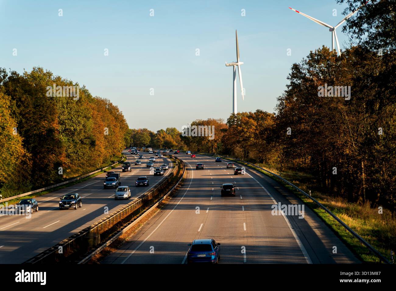 Blick auf die Herbstautobahn mit Autos im seitlichen Sonnenlicht Nahaufnahme selektiver Fokus Stockfoto