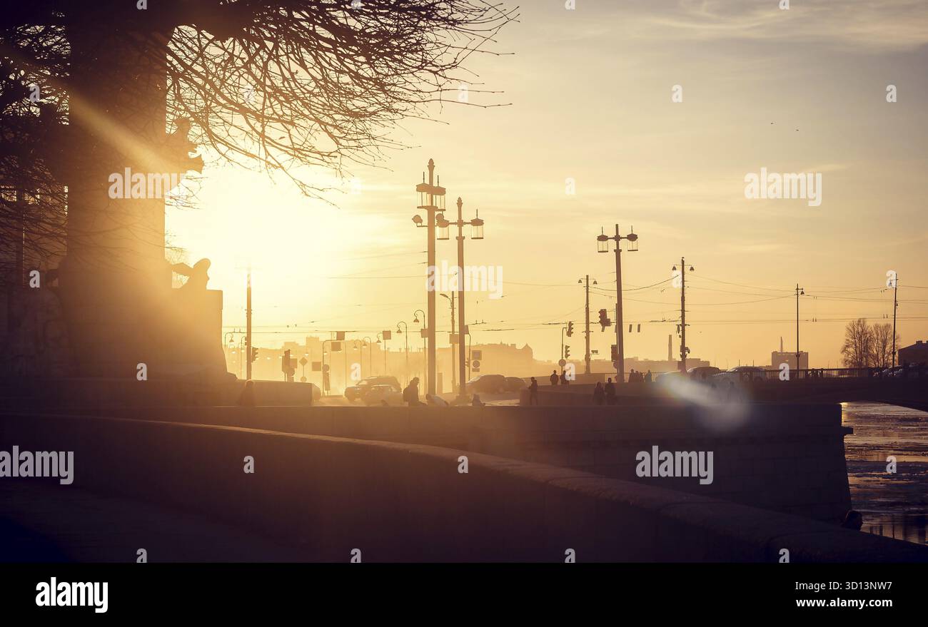 Landzunge der Insel Vasilyevsky bei Sonnenuntergang. St. Petersburger Innenstadt. Die Sehenswürdigkeiten der Stadt. Abends in der Stadt Stockfoto