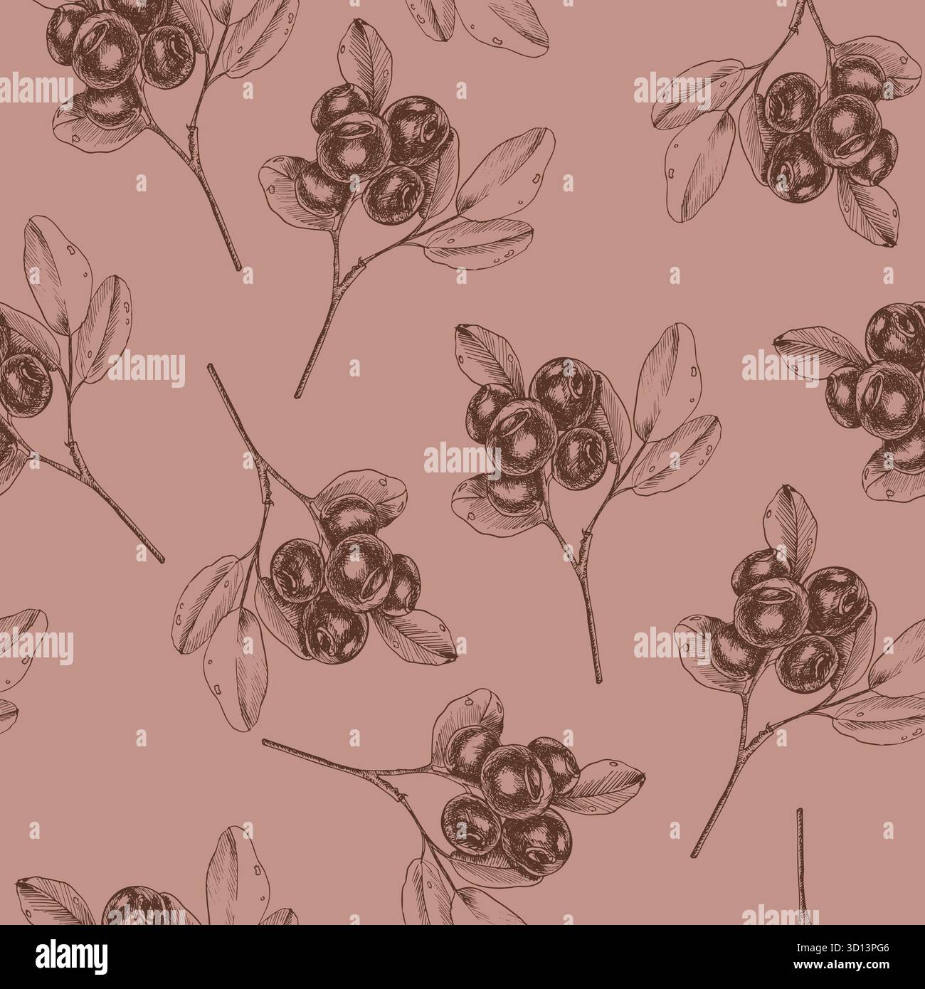 Blaubeeren Stieltinte Grafik nahtloses Muster auf naturgeblasener Farbe. Handgezeichneter floraler Hintergrund mit wilden Beeren, veganer Food Clipart für Öko Bio Stock Vektor