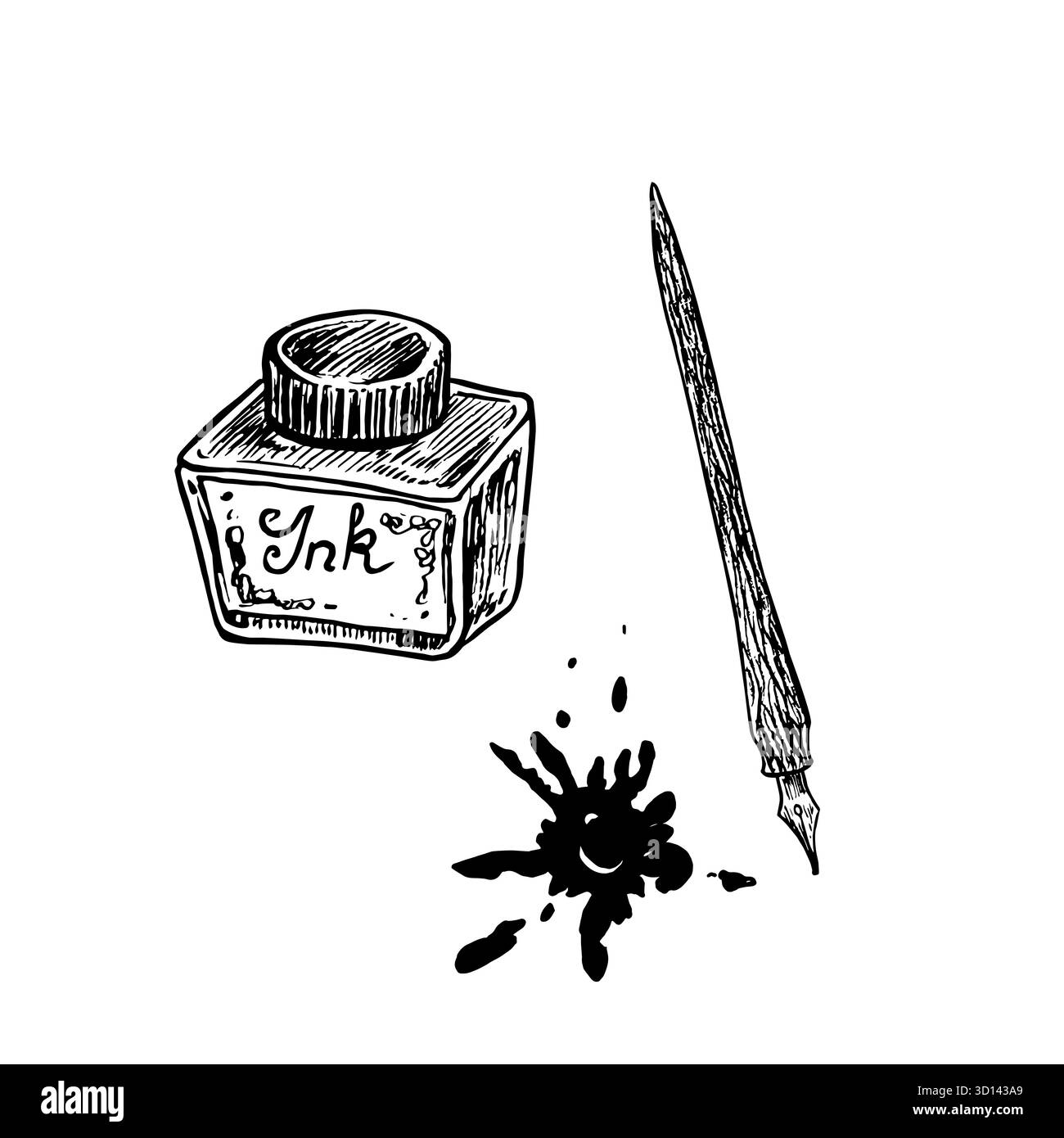 Schwarze Tintenflasche, Tintenstift und Beize, kritzelnde schwarze Tintenzeichnung, Holzschnitt Stockfoto