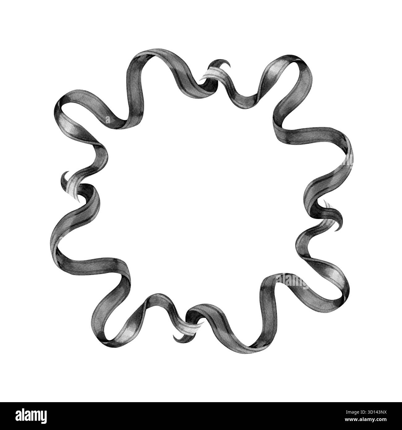 Kreisförmiger Rahmen in Wasserfarben mit schwarzer Schleife. Aquarellfarbener schwarzer Bandkranz für Grußkarte, Textil, Geschenkverpackung, Rahmen oder Banner. Gothic Vintage Clipart Stockfoto