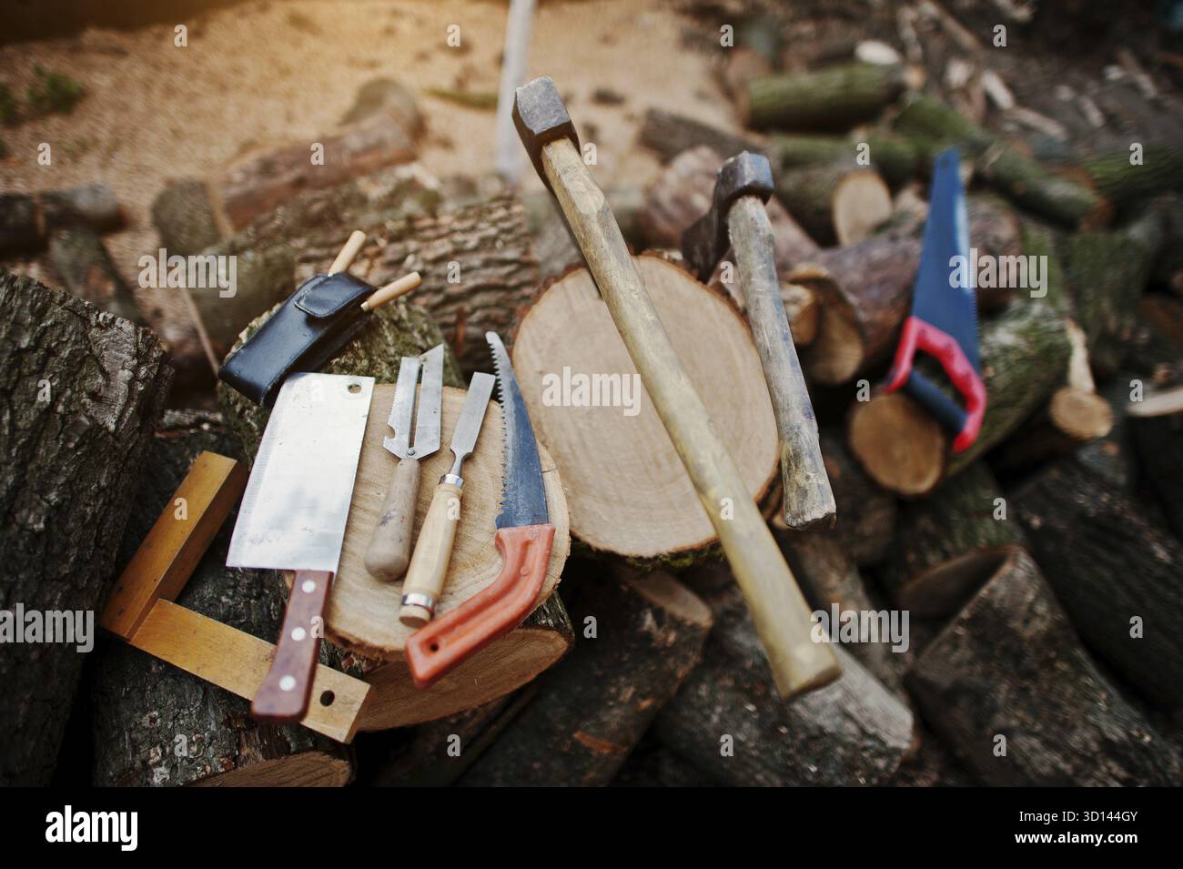 Zwei Äxte in Baumstümpfen mit Holzbearbeitungswerkzeugen Hintergrund gehacktes Brennholz Stockfoto