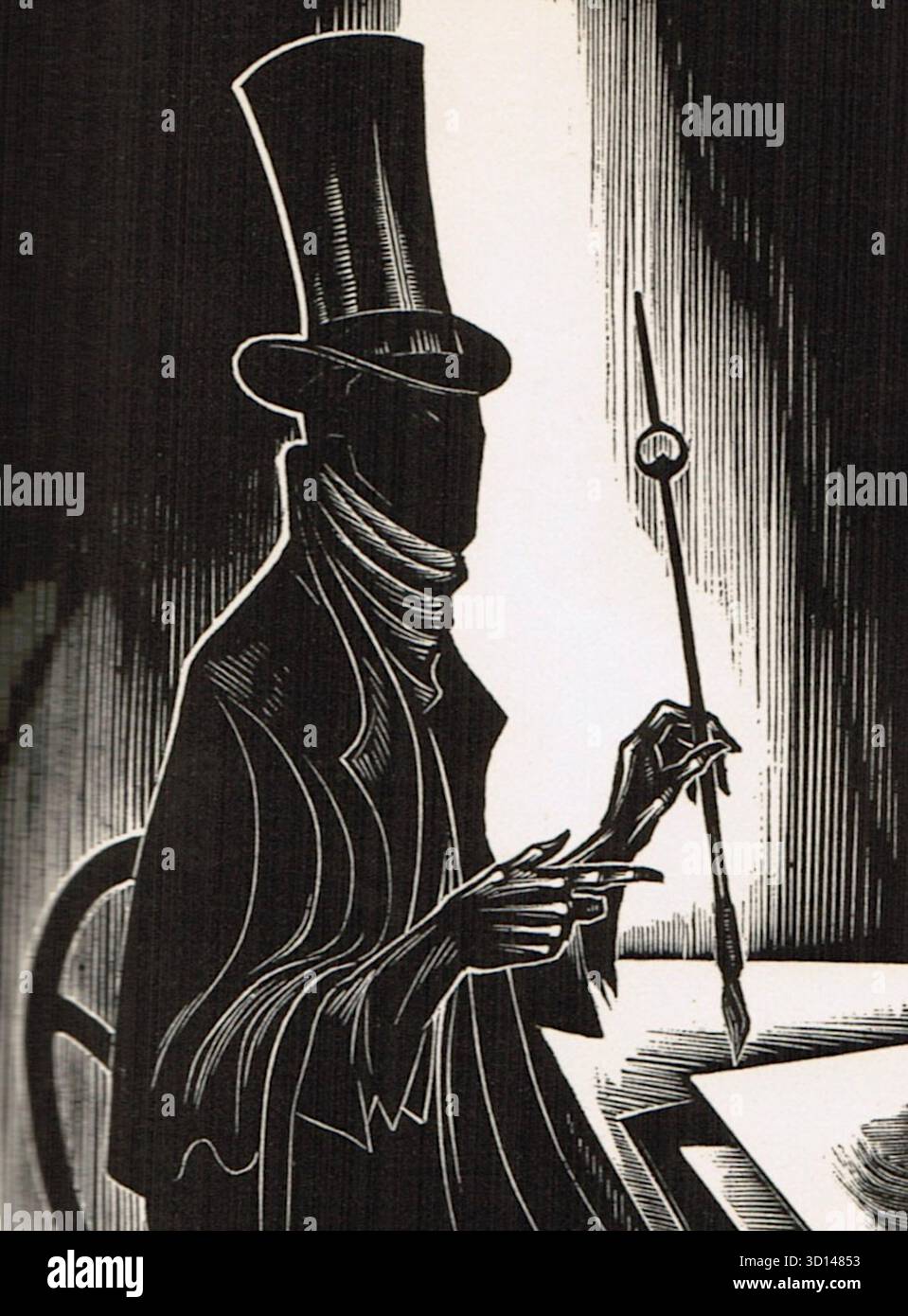 Lynd Ward - God's Plan - wortloser Roman - 1929 - der Stil der Holzschnitte wird als eine Mischung aus Art déco und deutschem Expressionismus beschrieben, wobei ein krasser Schwarz-weiß-Kontrast verwendet wird, um ein Gefühl einer korrupten und gnadenlosen Welt zu vermitteln. Das Holzschnitt-Medium selbst, ein schwieriger und zeitaufwändiger Prozess, wurde von Ward und anderen Künstlern seiner Zeit bewusst als Antwort auf die Ängste der Moderne gewählt. Stockfoto