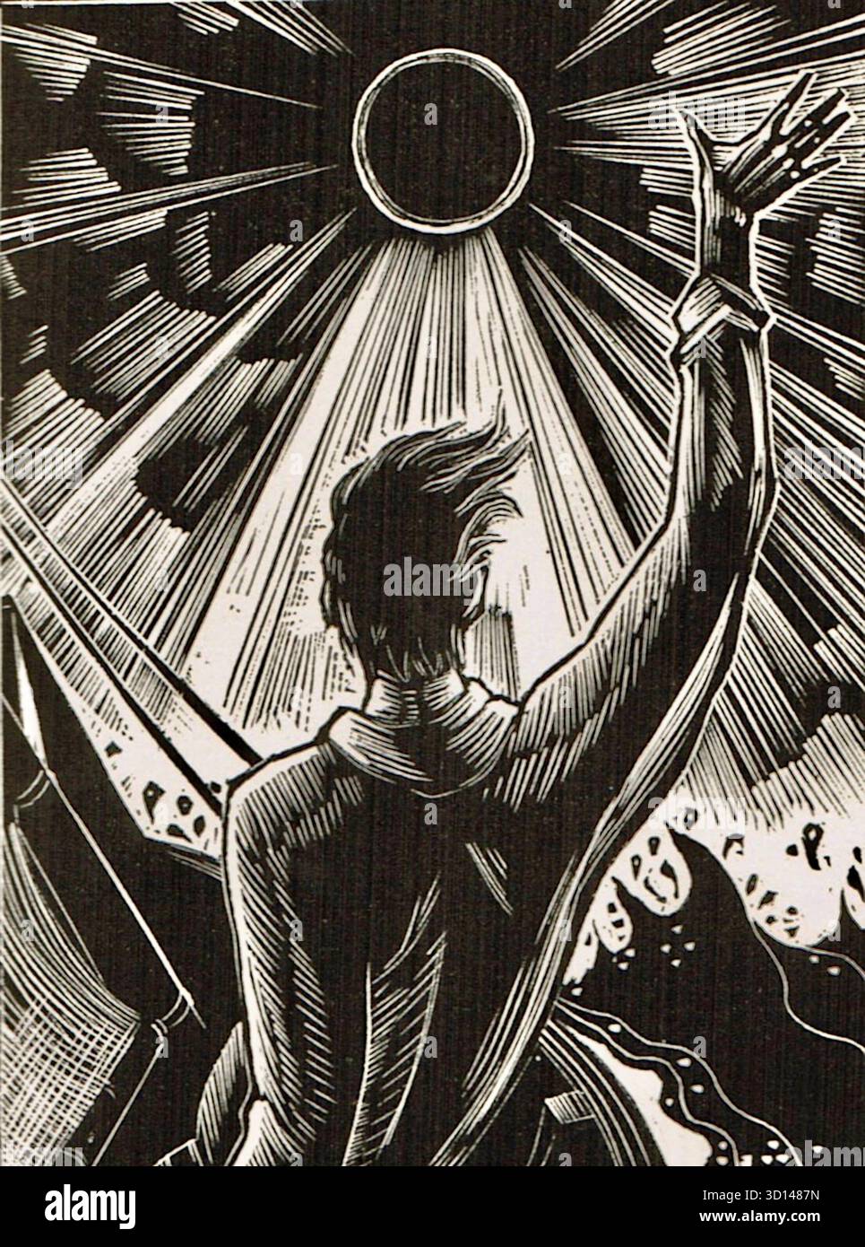 Lynd Ward - God's Plan - wortloser Roman - 1929 - das Bild zeigt eine dramatische Szene, in der ein Mann, von hinten gesehen, mit erhobenem Arm auf ein himmlisches Ereignis am Himmel blickt. Das Ereignis wird durch einen schwarzen Kreis dargestellt, der von intensiven, strahlenden Lichtstrahlen umgeben ist, ähnlich einer Sonnenfinsternis. Die Illustration ist in einem auffälligen, expressionistischen Stil mit scharfen Linien und hohem Kontrast gehalten, was für Holzschnittkunst charakteristisch ist. Dieses Bild ist Teil einer größeren Erzählung, die die Kämpfe eines Künstlers in einer korrupten Welt erforscht. Stockfoto