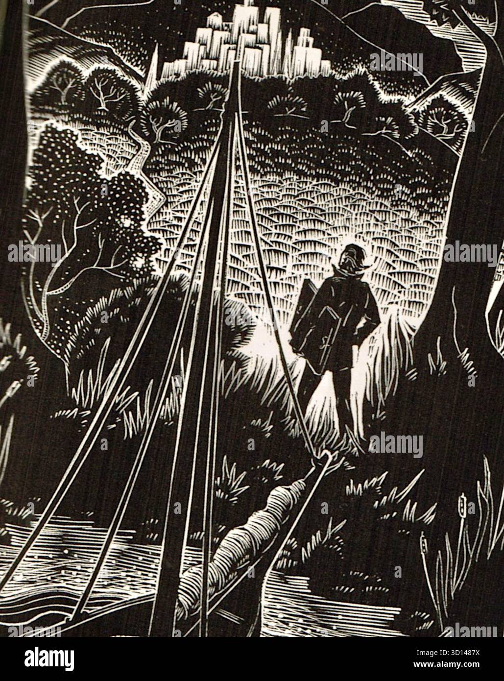 Lynd Ward - God's Plan - wortloser Roman - 1929 - der Holzschnitt zeigt eine Einzelfigur, die auf einer Waldlichtung steht, von hinten gesehen. Die Figur, die einen Hut trägt und ein Schild trägt, blickt auf eine leuchtende Stadt auf einem fernen Hügel. Der Vordergrund umfasst einen Fluss oder Fluss und eine Reihe von Seilen oder Linien, die sich vom unteren Rand des Rahmens erstrecken. Das Kunstwerk zeichnet sich durch seine dramatische Verwendung von Schwarz-weiß-Kontrasten und komplizierten, strukturierten Linien aus. Stockfoto