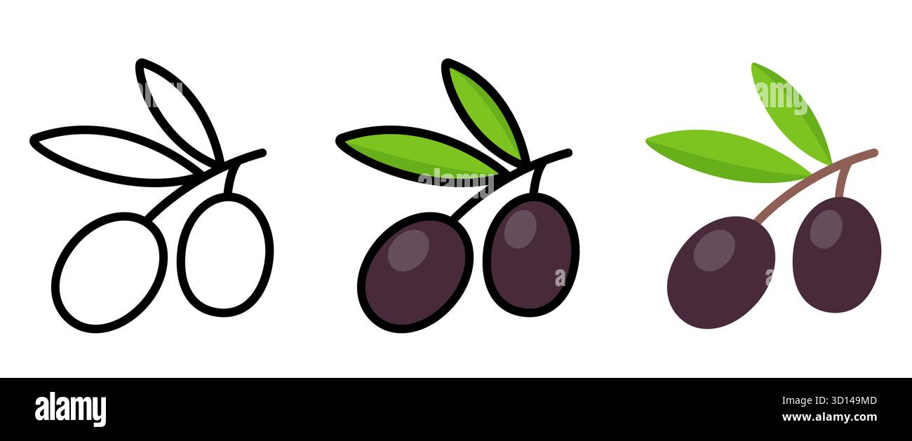 Olivenzweig mit schwarzen Oliven und Blättern. Schwarz-weiße Linien, farbige und flache Zeichentrickzeichnung. Einfache Vektorgrafik-Illustration. Stock Vektor