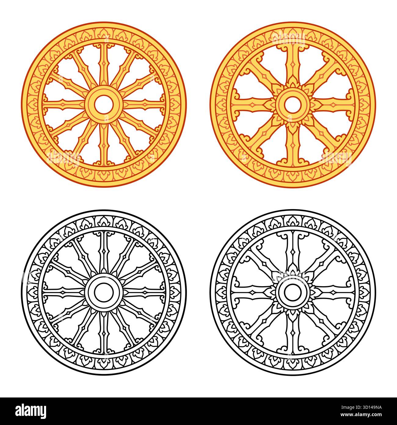 Thailändisches Dhammacakka-Rad (Dhammacakka), mit 8 und 12 Speichen. Theravada-Buddhismus-Symbol. Goldenes und schwarzes Kunstset. Isolierte Vektordarstellung. Stock Vektor