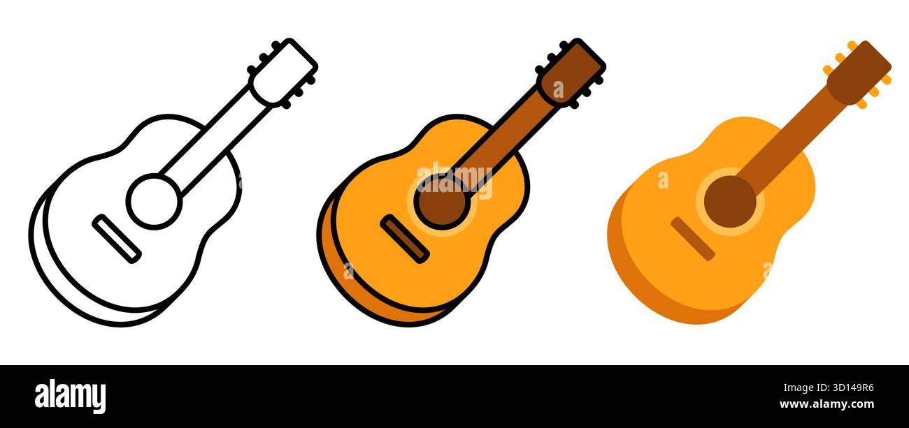 Klassische Akustikgitarre. Schwarz-weiße Linien, farbige und flache Zeichentrickzeichnung. Einfache Vektorgrafik-Illustration. Stock Vektor