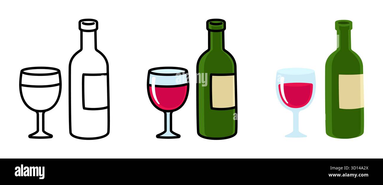 Weinflasche und handgezeichnetes Glas. Schwarz-weiße Linien, farbige und flache Zeichentrickzeichnung. Einfache Vektorgrafik-Illustration. Stock Vektor