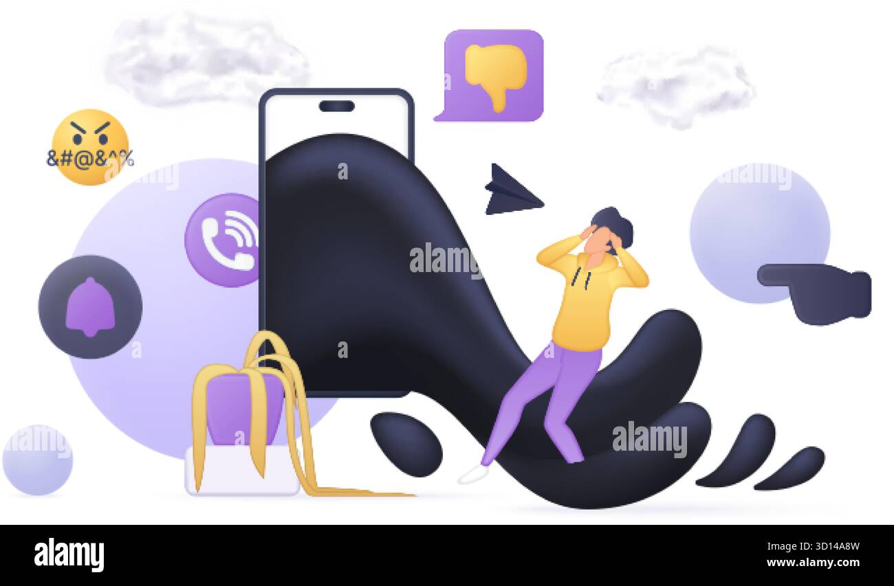 Zeigt die Auswirkungen von Cybermobbing auf die psychische Gesundheit mit einer dunklen Hand, die von einem Smartphone auftaucht, und zielt auf eine gestresste Person ab, wobei Online-Belästigung und digitale Missbrauchsvektorillustration hervorgehoben werden Stock Vektor