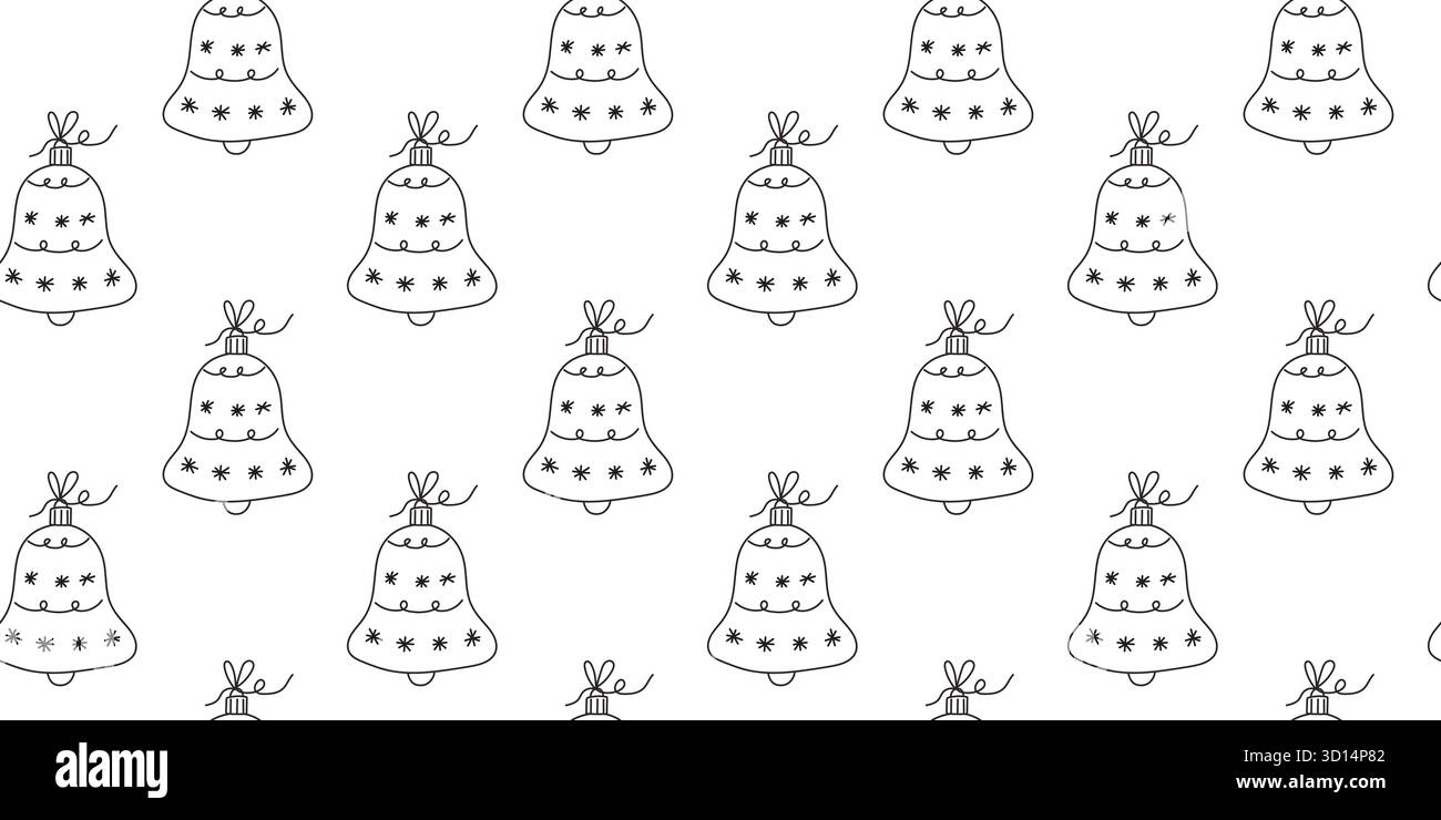 Dieses Muster zeigt weiße Weihnachtsglocken, die schwarz umrandet sind und mit Sternen und Bögen gestaltet sind. Perfekt für Weihnachtsthemen, Geschenkverpackungen und Bastelarbeiten Stock Vektor