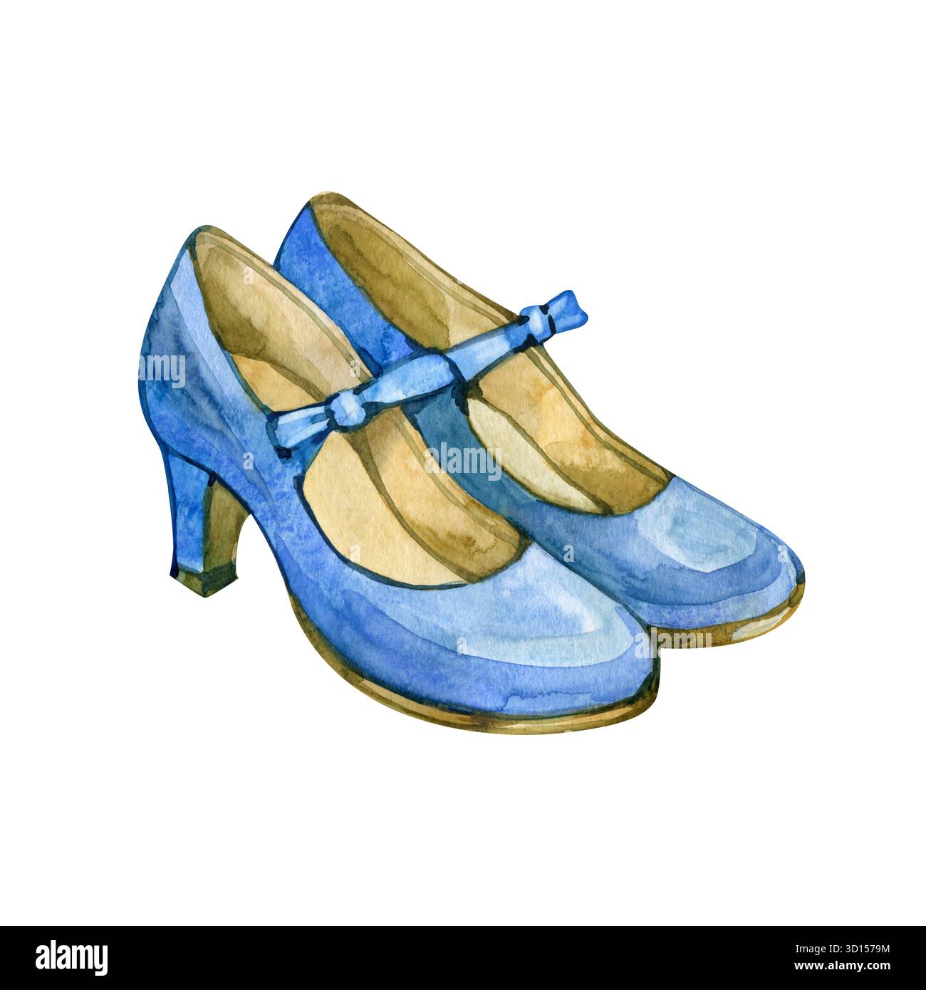 Aquarellillustration von Vintage-blauen Mary Jane-Schuhen mit niedrigem Absatz und Schleife, eleganten femininen Retro-Schuhen, handbemalten Modeaccessoires Stockfoto