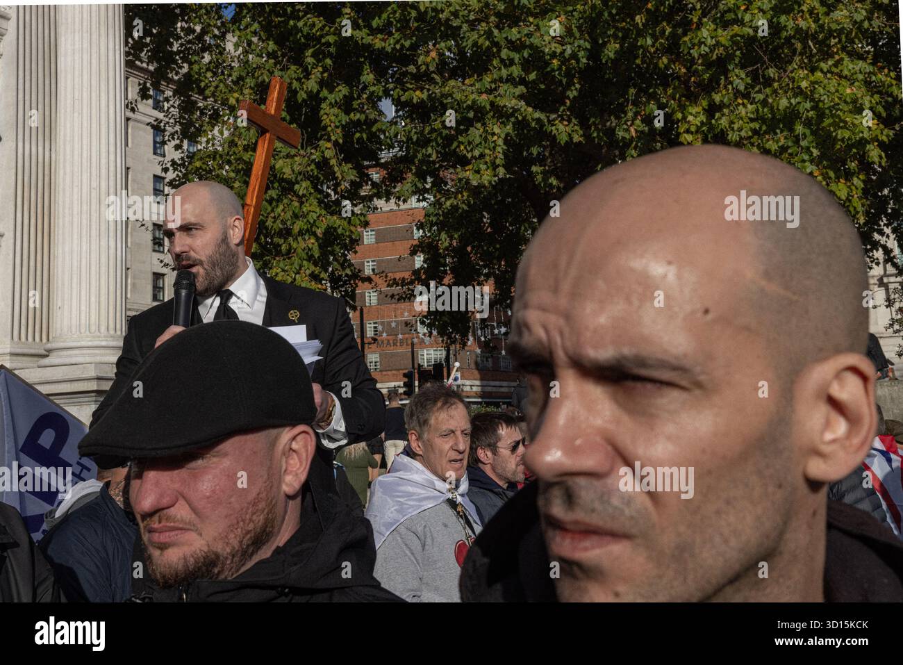 Nick Tenconi, Parteichef der UKIP, spricht am 25. Oktober 2025 bei einer Kundgebung in Marble Arch im Zentrum Londons. Stockfoto