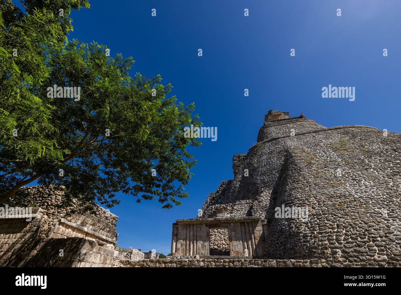 Tiefwinkelansicht der Pyramide des Magiers in Uxmal mit ihrer gebogenen Struktur und Puuc-Steinmetzwerk. Stockfoto