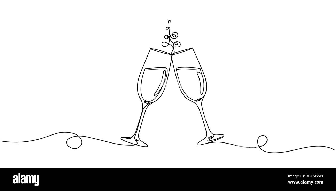 Eine Linie Sekt zum Toast. Kontinuierliche lineare Paar Weingläser klirren. Hochzeitsparty. Minimalistischer, bearbeitbarer Silvesterstrich. Stock Vektor