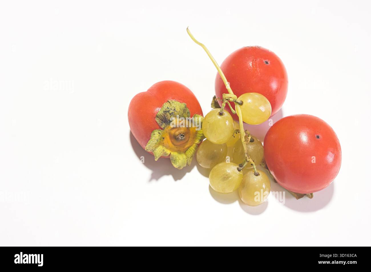 Frisch geerntete Trauben und Persimmons aus dem valencianischen Garten in Spanien. Stockfoto