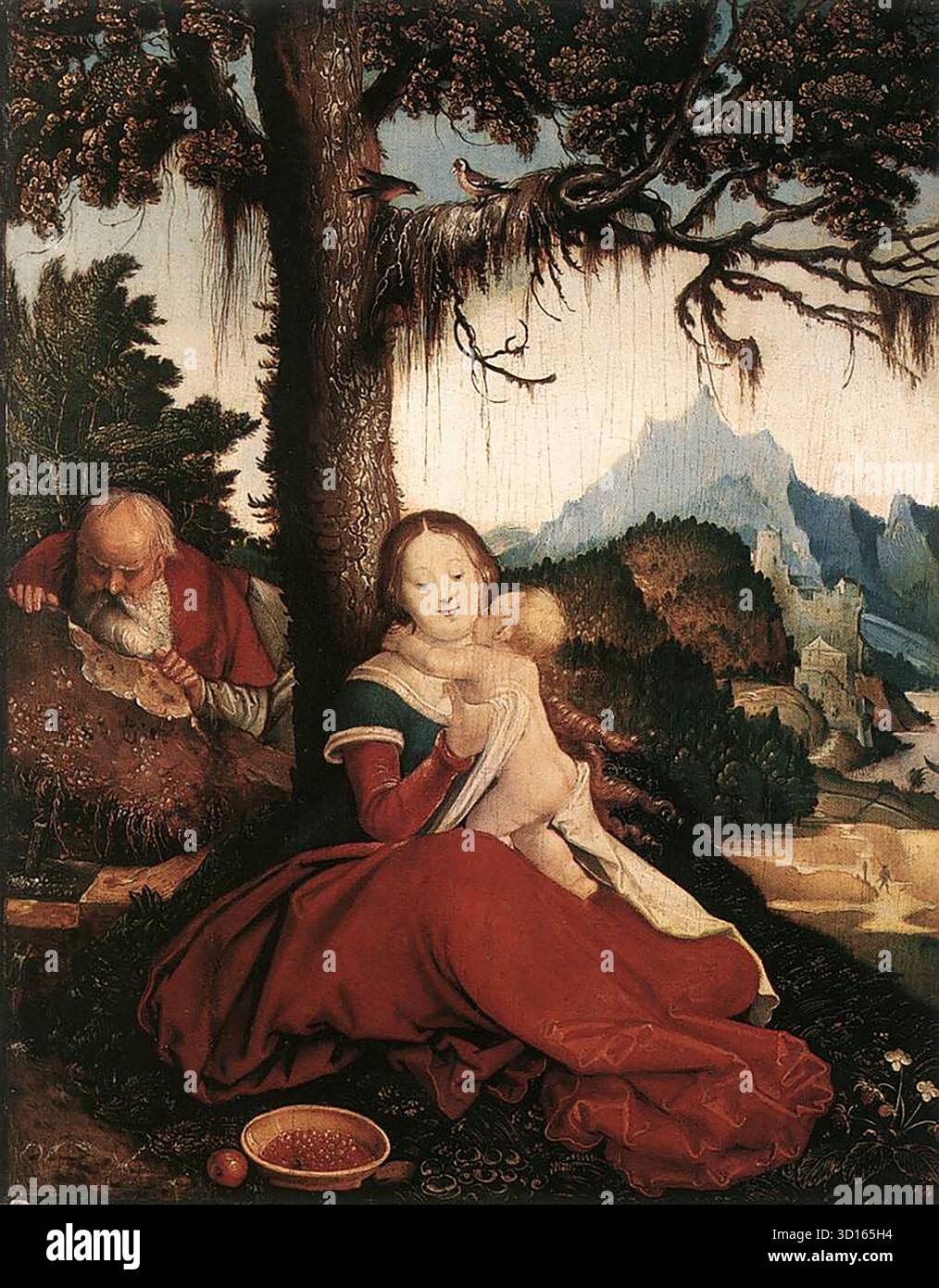 BALDUNG GRIEN, Hans (* 1484/85, Schw?bisch-GM?nd, d. 1545, Straßburg) Rest auf der Reise nach Ägypten ca. 1514 Öl auf Holz, 48,5 x 38,6 cm Germanisches Nationalmuseum, Nürnberg Baldung ist bekannt für Darstellungen der Jungfrau Maria, in denen er Landschaften, Figuren, Licht und Farbe mit einer fast magischen Gelassenheit kombinierte. In diesem Gemälde verwandelte der Künstler das religiöse Thema in einen Frühlingsausflug ins Land. --- Schlüsselwörter: ----------------- Autor: BALDUNG GRIEN, Hans Titel: Rest auf dem Flug nach Ägypten Zeitlinie: 1501-1550 Schule: Deutsch Form: Malerei Typ: Religiös Stockfoto