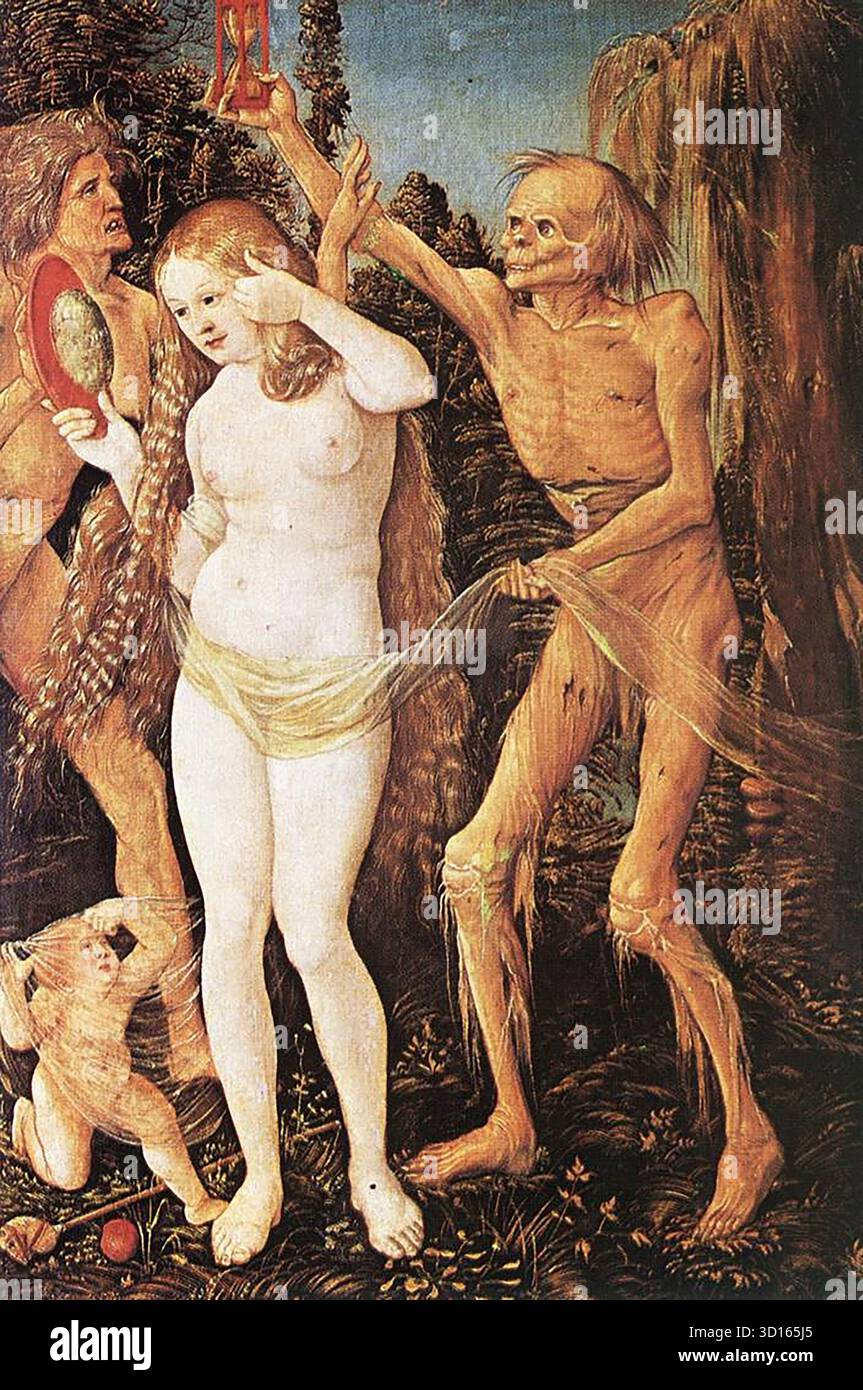 BALDUNG GRIEN, Hans (*1484/85, Schw?bisch-GM?nd, 1545, Strassburg) drei Zeitalter der Frau und der Tod 1510 Öl auf Kalkholz, 48 x 32,5 cm Kunsthistorisches Museum, Wien Baldung Alters-Porträts haben einen finsteren Charakter und eine manierhafte Virtuosität. --- Schlüsselwörter: ----------------- Autor: BALDUNG GRIEN, Hans Titel: Drei Zeitalter der Frau und der Tod Zeitlinie: 1501-1550 Schule: Deutsch Form: Malerei Typ: Mythologisch Stockfoto