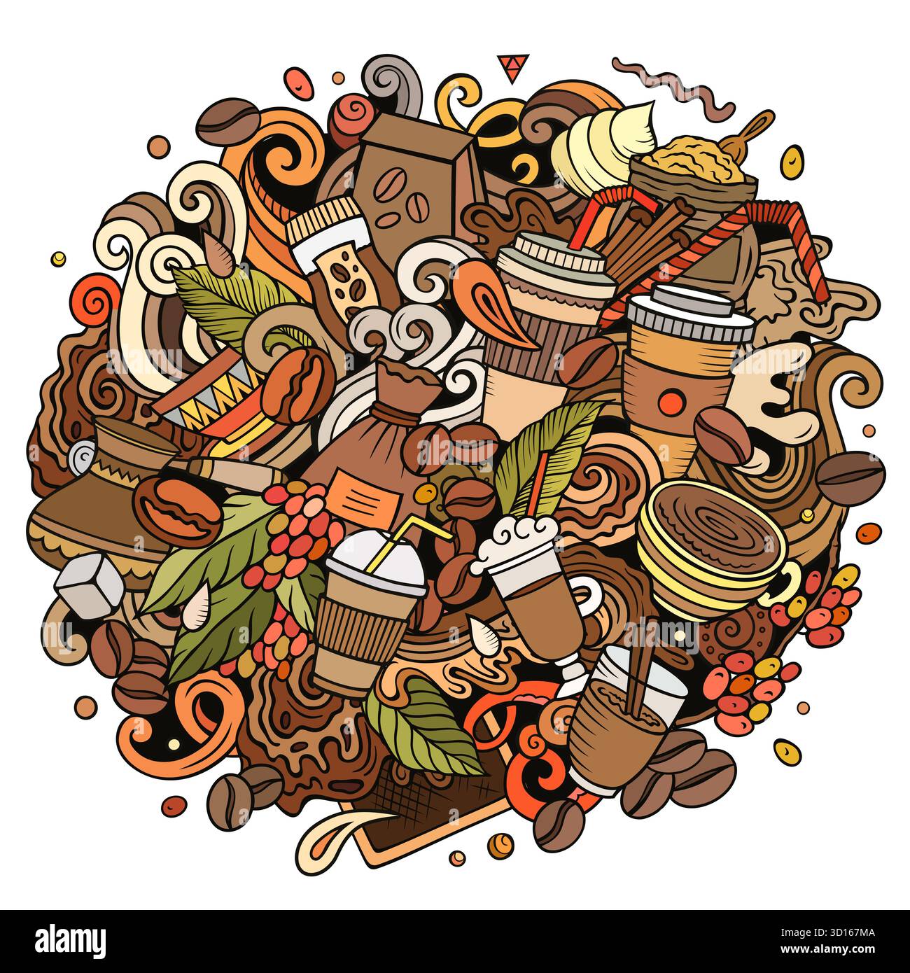 Comic Vector Coffee Doodle Illustration zeigt eine Vielzahl von Coffeehouse-Objekten und -Symbolen. Leuchtende Farben skurriles lustiges Bild. Stock Vektor