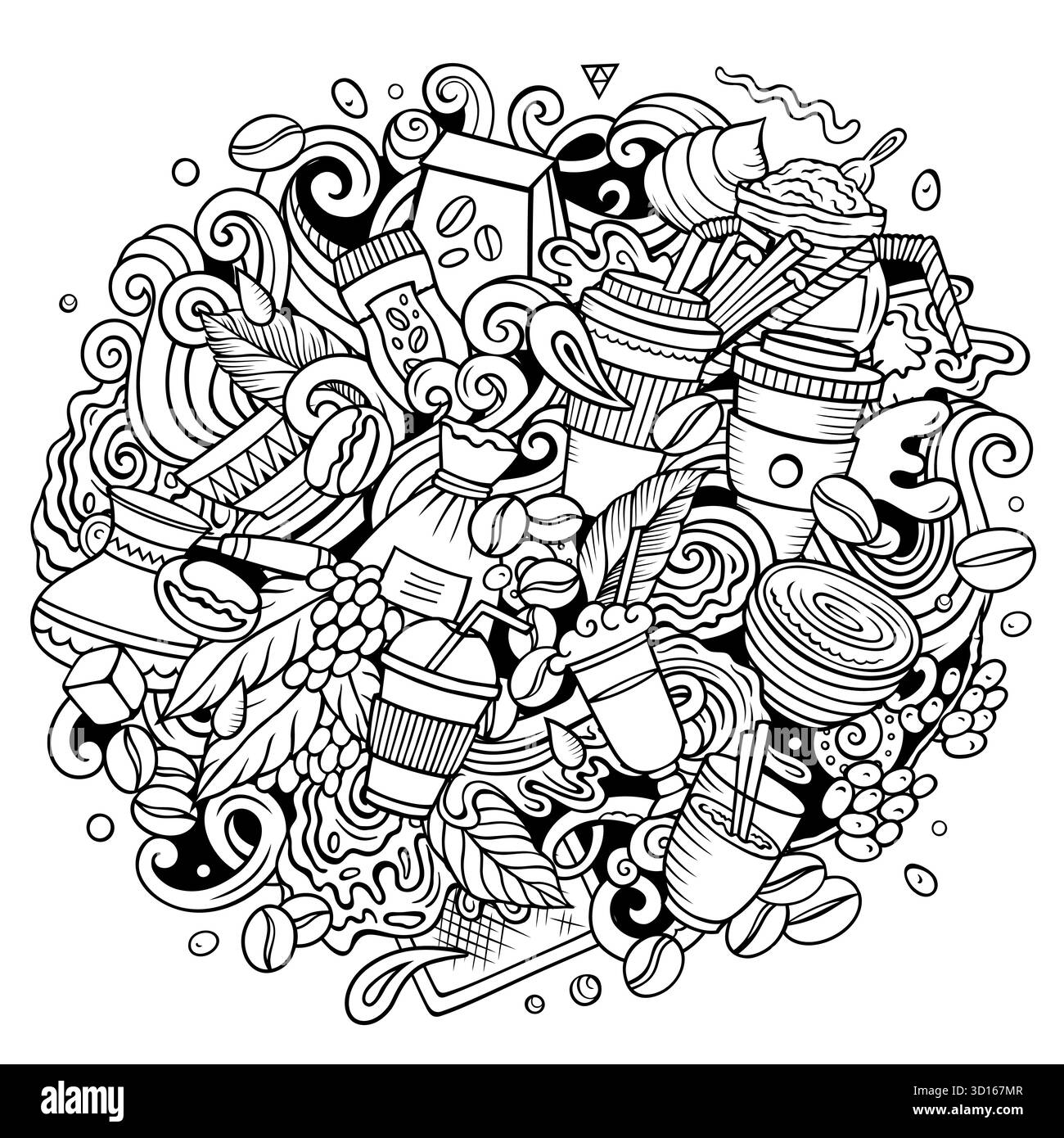 Comic Vector Coffee Doodle Illustration zeigt eine Vielzahl von Coffeehouse-Objekten und -Symbolen. Ein skurriles, lustiges Bild. Stock Vektor