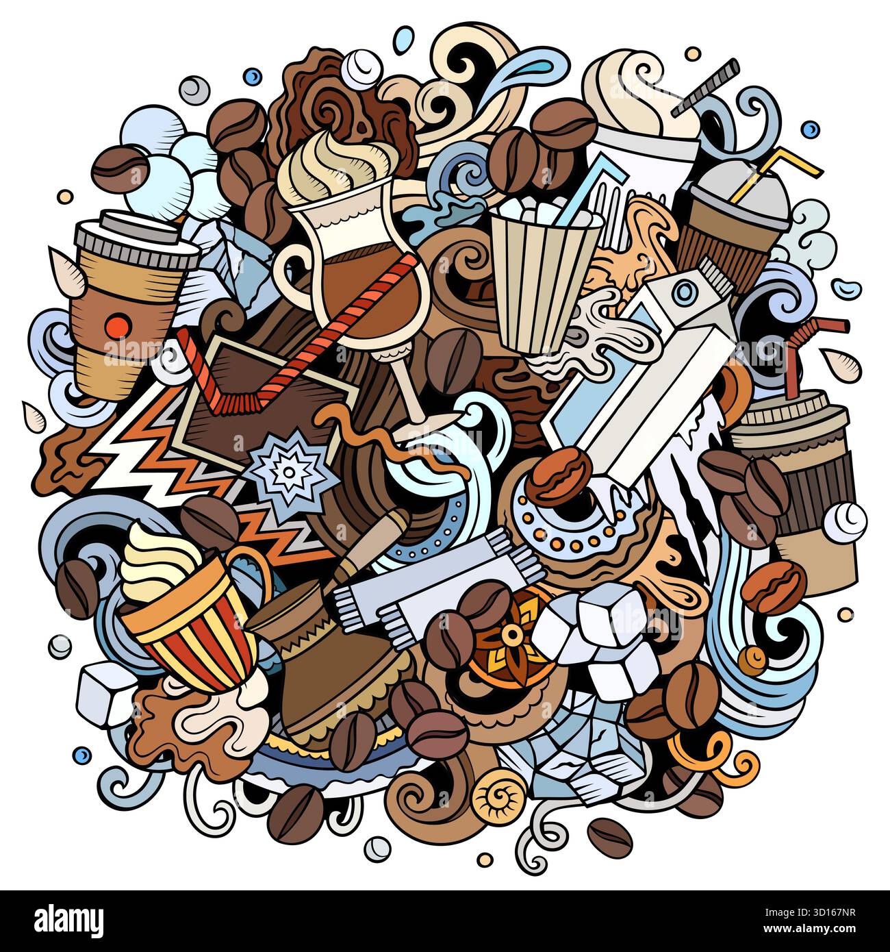 Vektor-Doodle-Illustration von kalten Kaffeegetränken, Tassen, Eis, Bohnen und Café-Elementen. Perfekt für Cafés, Sommergetränke, Verpackungen, Werbung Stock Vektor