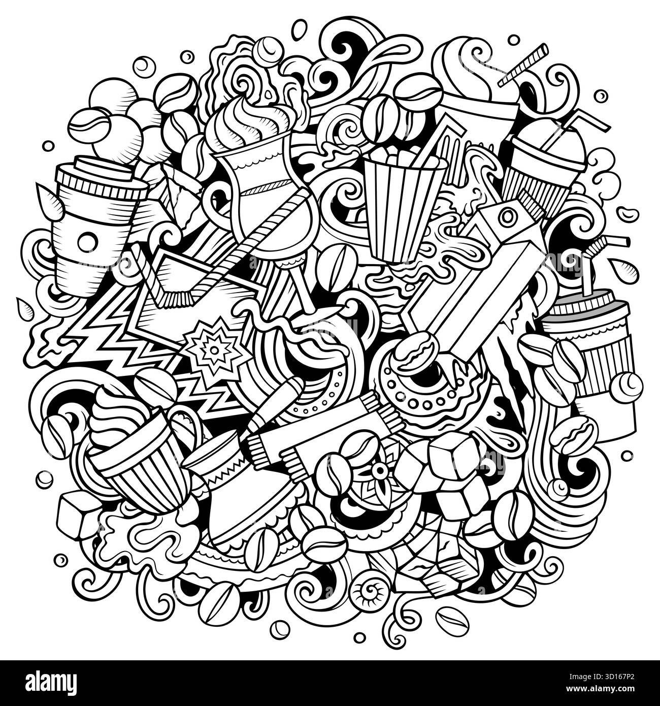 Vektor-Doodle-Illustration von kalten Kaffeegetränken, Tassen, Eis, Bohnen und Café-Elementen. Perfekt für Cafés, Sommergetränke, Verpackungen, Werbung Stock Vektor