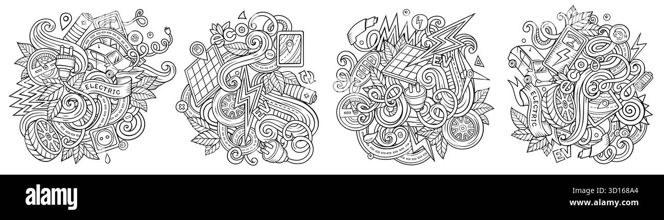 Elektrofahrzeuge Cartoon Vektor Kritzelentwürfe Set. Skizzenhafte, detaillierte Kompositionen mit vielen EV-Objekten und Symbolen Stock Vektor