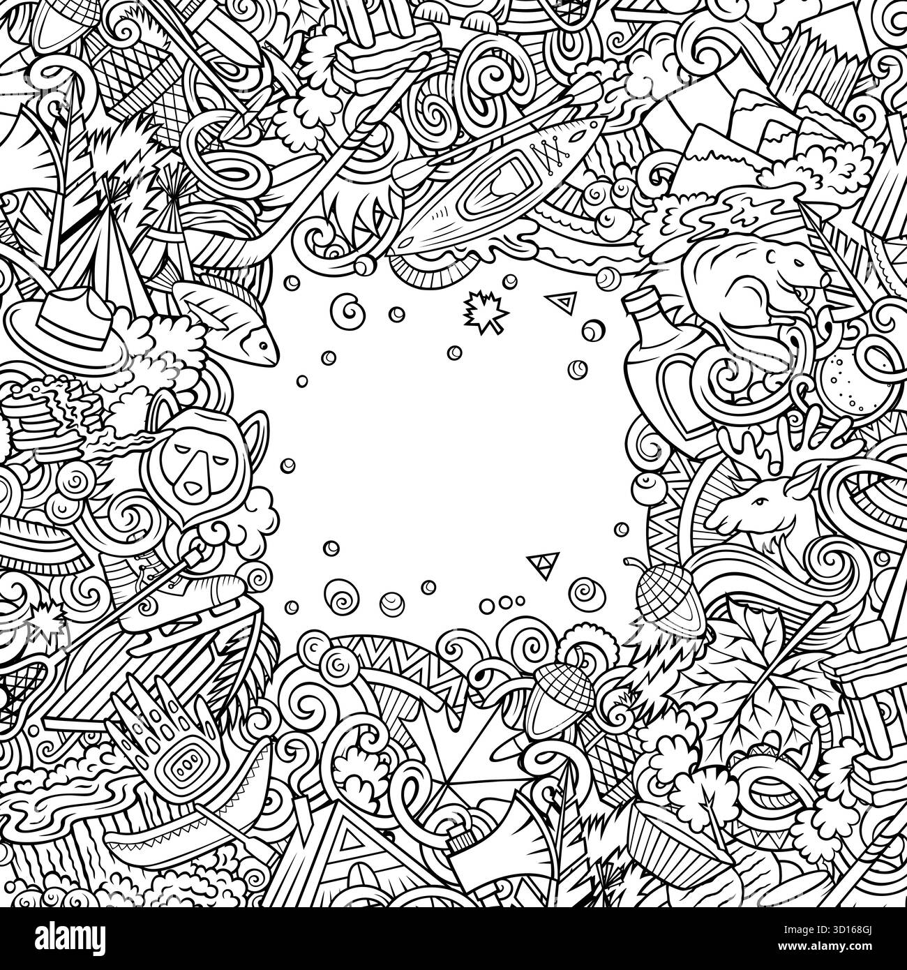 Kanadische Zeichentrickgrafik-Illustration. Lustige kanadische Grenze. Kreativer Vektorhintergrund mit nordamerikanischen Landelementen und Objekten. Skizzenhaft f Stock Vektor