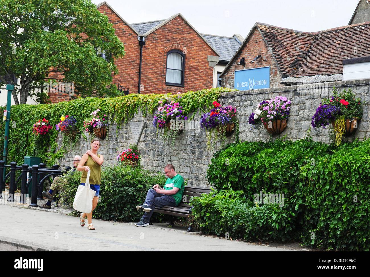 Blumenkörbe an einer alten Wand, Wareham. Stockfoto