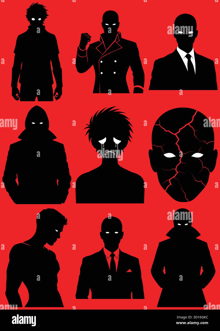 Dunkle Silhouettenfiguren mit leuchtenden Augen auf rotem Hintergrund – mysteriöse Schattenfiguren Konzeptkunst Stock Vektor