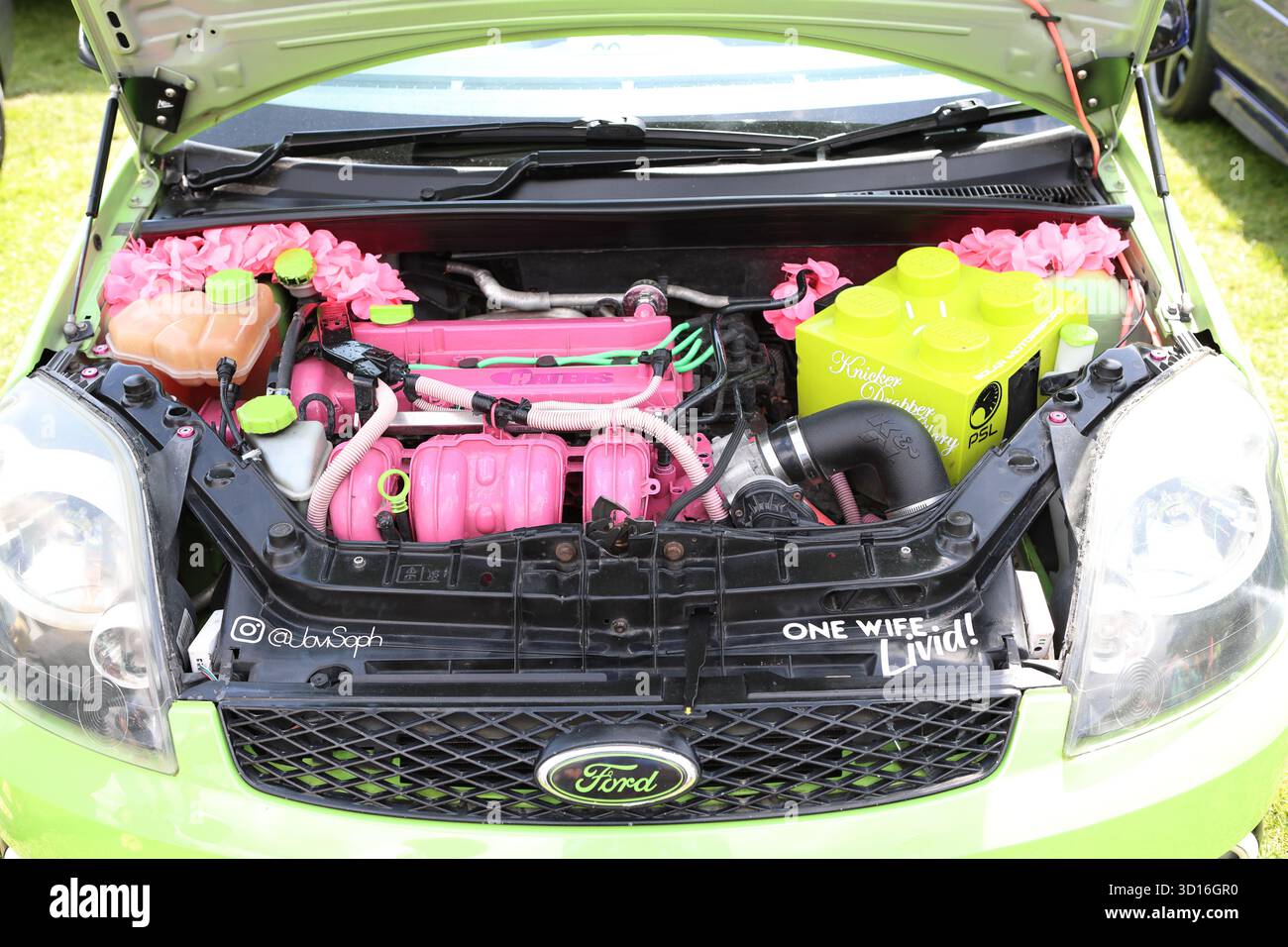 Rosafarbene und grüne Komponenten im Motorraum der Motorhaube von Ford Stockfoto