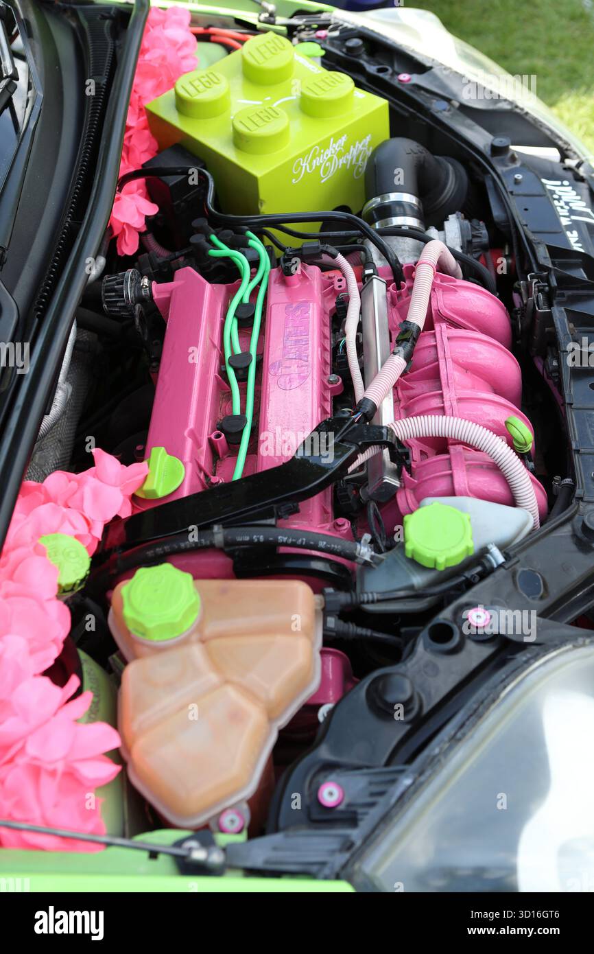 Rosafarbene und grüne Komponenten im Motorraum der Motorhaube von Ford Stockfoto