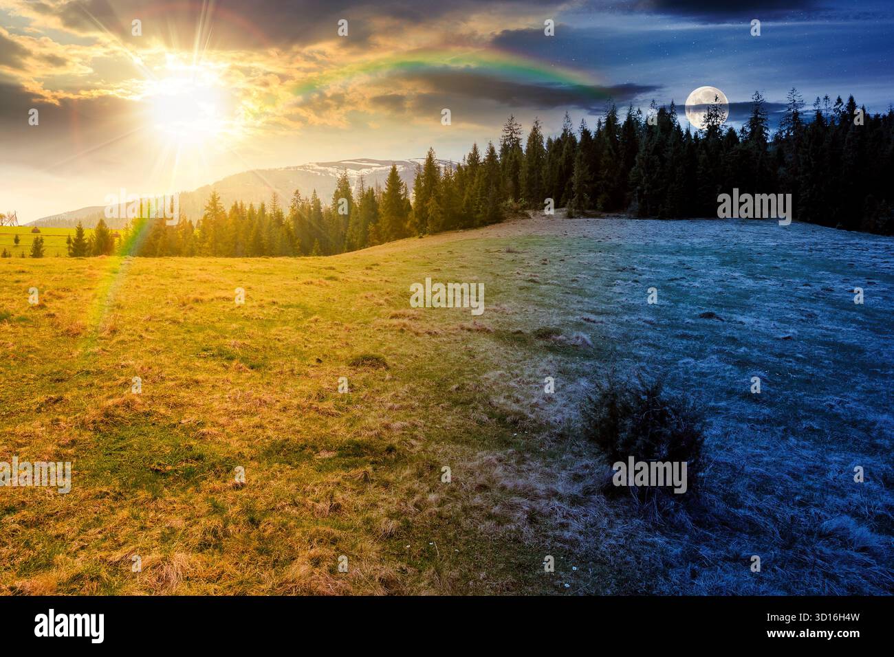 Berglandschaft mit Fichtenwald an Frühlings-Tagundnachtgleiche. Tag- und Nachtzeitwechsel. Grüne Wiese auf dem Hügel mit Sonne und Mond. Entfernter Bereich Stockfoto