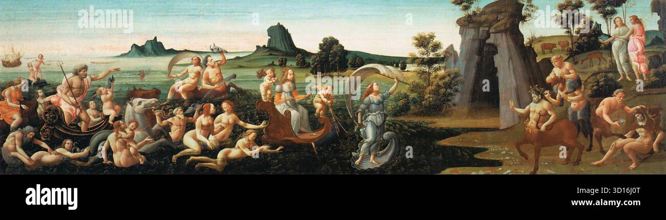 BARTOLOMEO DI GIOVANNI (aktiv 1480-1510 in Florenz) Prozession von Thetis Holz der 1490er Jahre, 42 x 150 cm Mus?e du Louvre, Paris Bartolomeo de Giovanni, ein Mitarbeiter von Ghirlandaio und Botticelli, erwarb sich seinen Ruf als Maler von Hochzeitstruhen. Diese bemalte Tafel schmückte wahrscheinlich die Vorderseite einer dieser Truhen. Das mythologische Thema ist angemessen: Zeus entschied sich, Thetis (eine der Nereiden, Töchter des Meeresgottes Nereus) in Ehe mit König Peleus zu geben. Die Tafel zeigt die Prozession von Thetis, der von zwei Kuppiden begleitet wird und der von einem Fortune vorangeht, dessen Segel mit Favoura schwingt Stockfoto