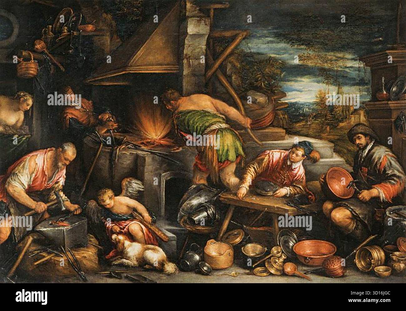 BASSANO, Francesco (* 1549, Bassano, d. 1592, Venezia) die Schmiede von Vulkan um 1577 Öl auf Leinwand, 137 x 191 cm Mus?e du Louvre, Paris --- Schlüsselwörter: ----------------- Autor: BASSANO, Francesco Titel: Die Schmiede von Vulkan Zeitlinie: 1551-1600 Schule: Italienisch Form: Malerei Typ: Mythologisch Stockfoto