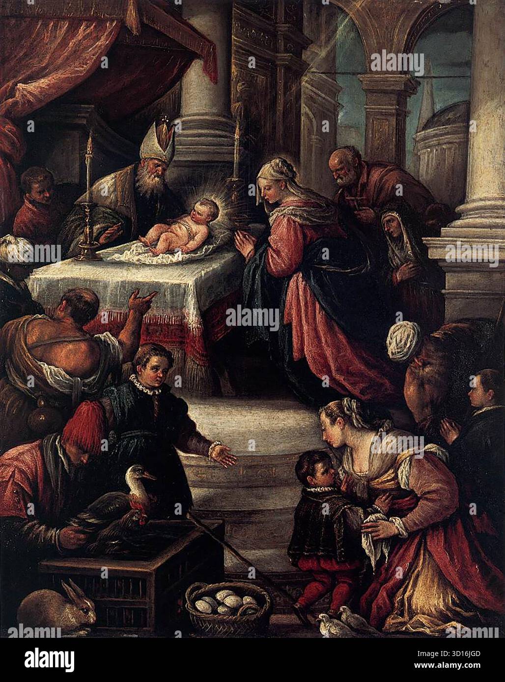 BASSANO, Francesco (* 1549, Bassano, d. 1592, Venezia) die Darstellung Christi im Tempel – Öl auf Kupfer, 55 x 45 cm Privatsammlung das Design ist eine Wiederholung einer größeren Komposition von Francesco Bassano, die in zwei signierten Versionen in der Nationalgalerie in Prag und in der Mus?e des Beaux-Arts in Rouen bekannt ist. --- Schlüsselwörter: ----------------- Autor: BASSANO, Francesco Titel: Die Darstellung Christi im Tempel Zeitlinie: 1551-1600 Schule: Italienische Form: Malerei Typ: Religiös Stockfoto
