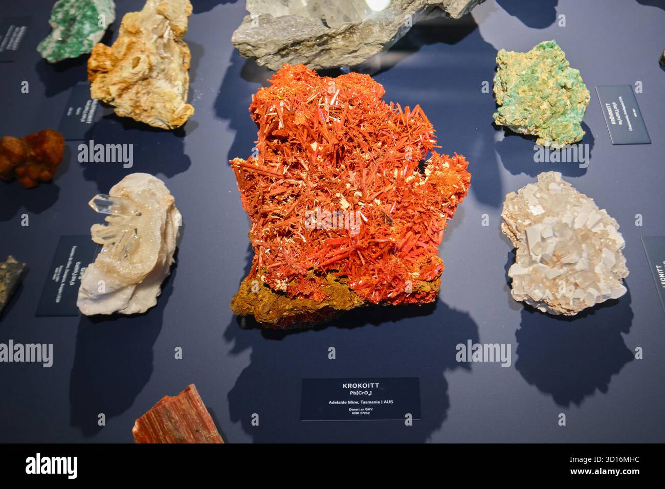 Oslo, Norwegen - 6. September 2025: Krokoitkristall- und Mineralsammlung im Naturhistorischen Museum von Oslo Stockfoto