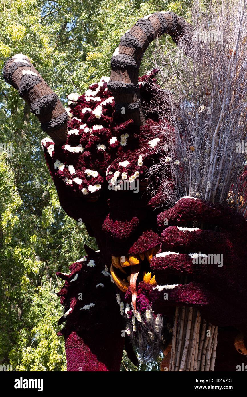 Im Freien gehaltene Floating-Details mit dunkelroter Blumenskulptur und mehrschichtigem Blütenblatt. Stockfoto