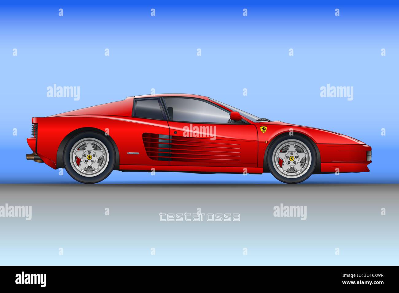 Maranello, Modena, Italien, Jahr 1984, Ferrari Modell Testarossa Oldtimer historischer Sportwagen, Illustration Stockfoto