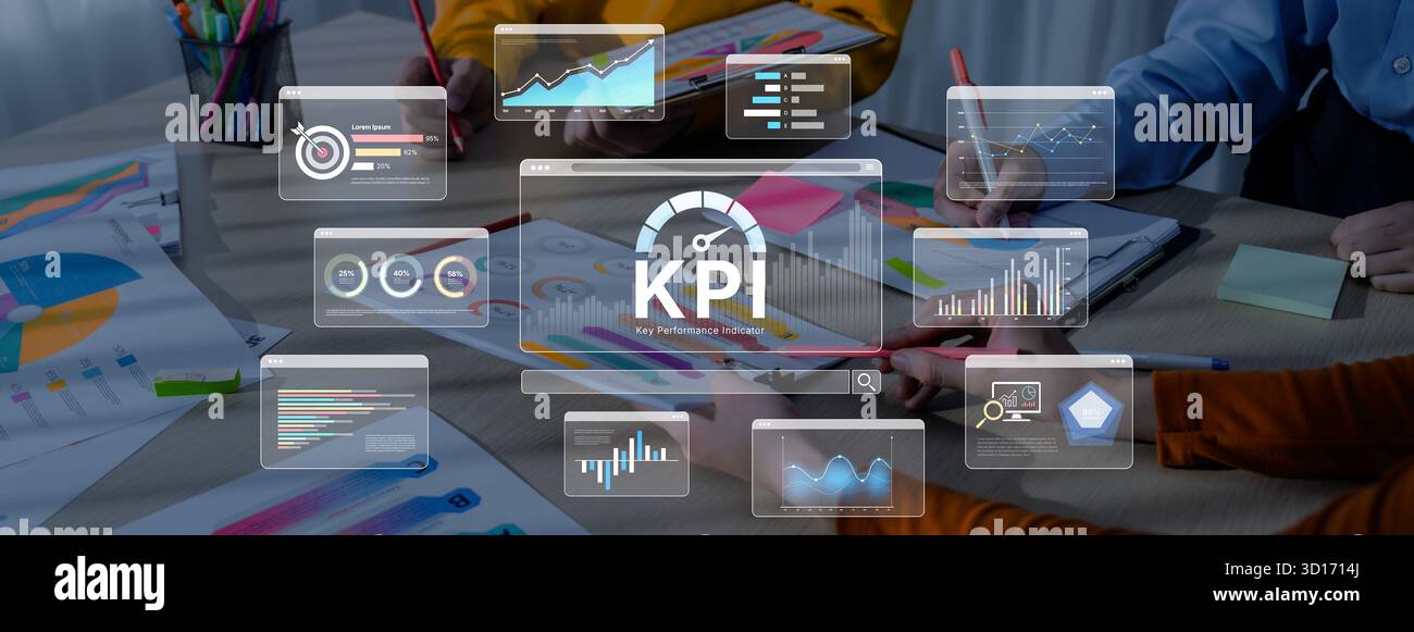 Ein Business Intelligence-Dashboard, das verschiedene Key Performance Indicators (KPI) anzeigt. Die Datenvisualisierung verfolgt Geschäftskennzahlen und -Kennzahlen pro Stockfoto