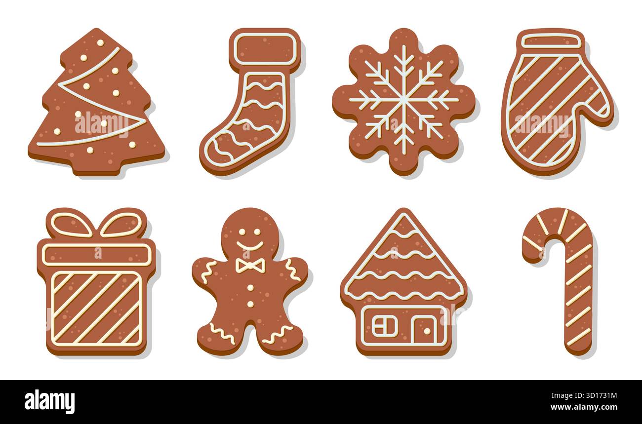 weihnachtskekse mit Lebkuchen. Süßer Ingwerbrot Mann, Baum, Socke, Schneeflocke, Fäustlinge, Geschenkbox, Haus und Zuckerrohr. Illustration des flachen Vektors. Stock Vektor