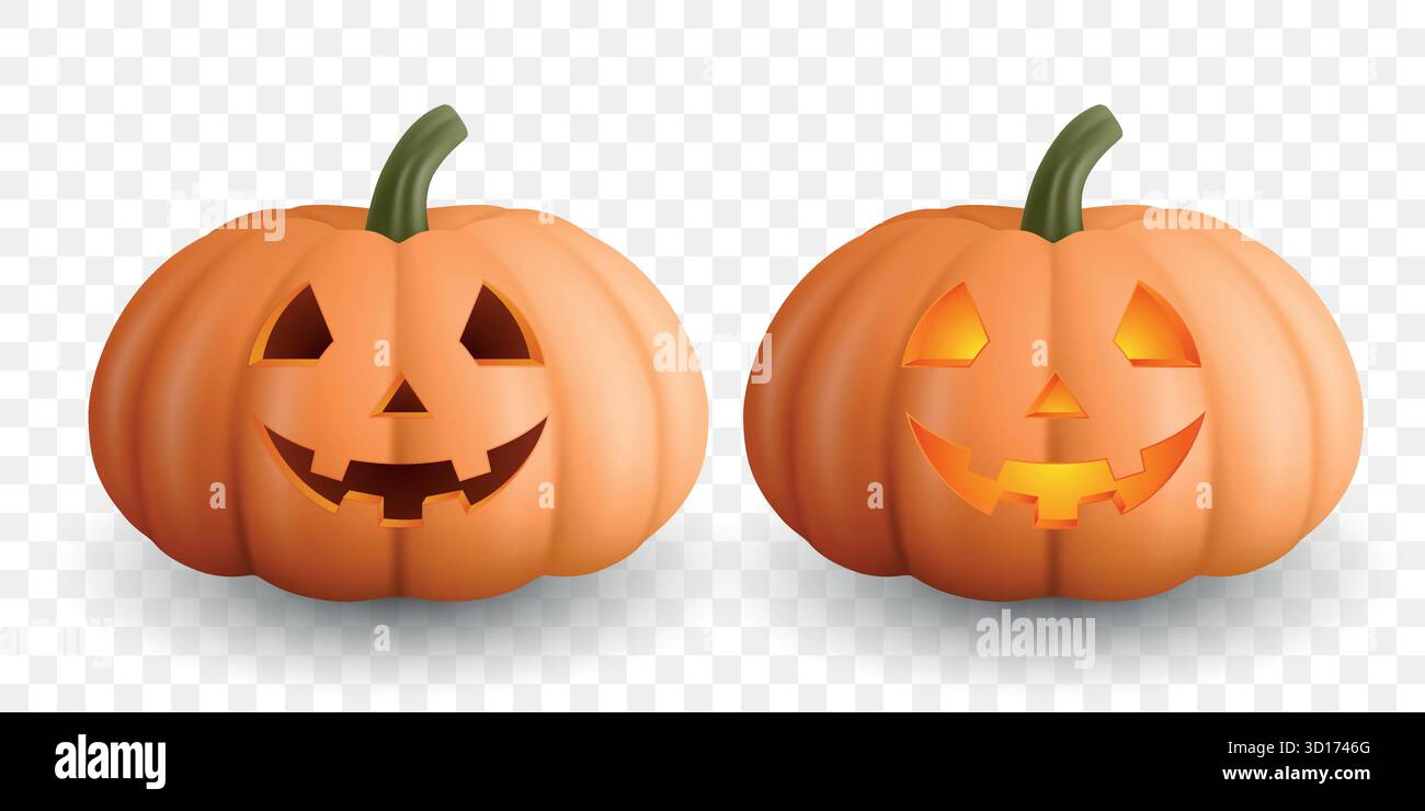 Vektor 3D realistische Halloween Kürbisse mit geschnitzten Gesichtern, isoliert. Zwei Jack O-Laternen, die in orangefarbenem Licht leuchten. Lustige Gruselkürbisse für Halloween Stock Vektor