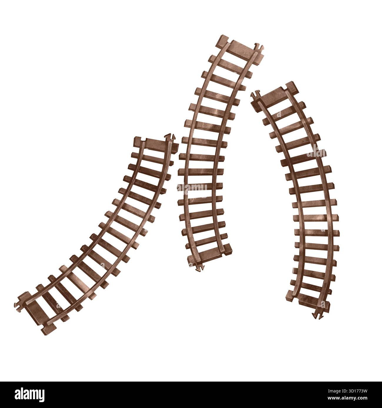 3 рart des Kinderbahnbauers. Aquarellabbildung von Schienen und Schwellen auf weißem Hintergrund. Spielstraßen. Spielzeugbahn für den Stockfoto